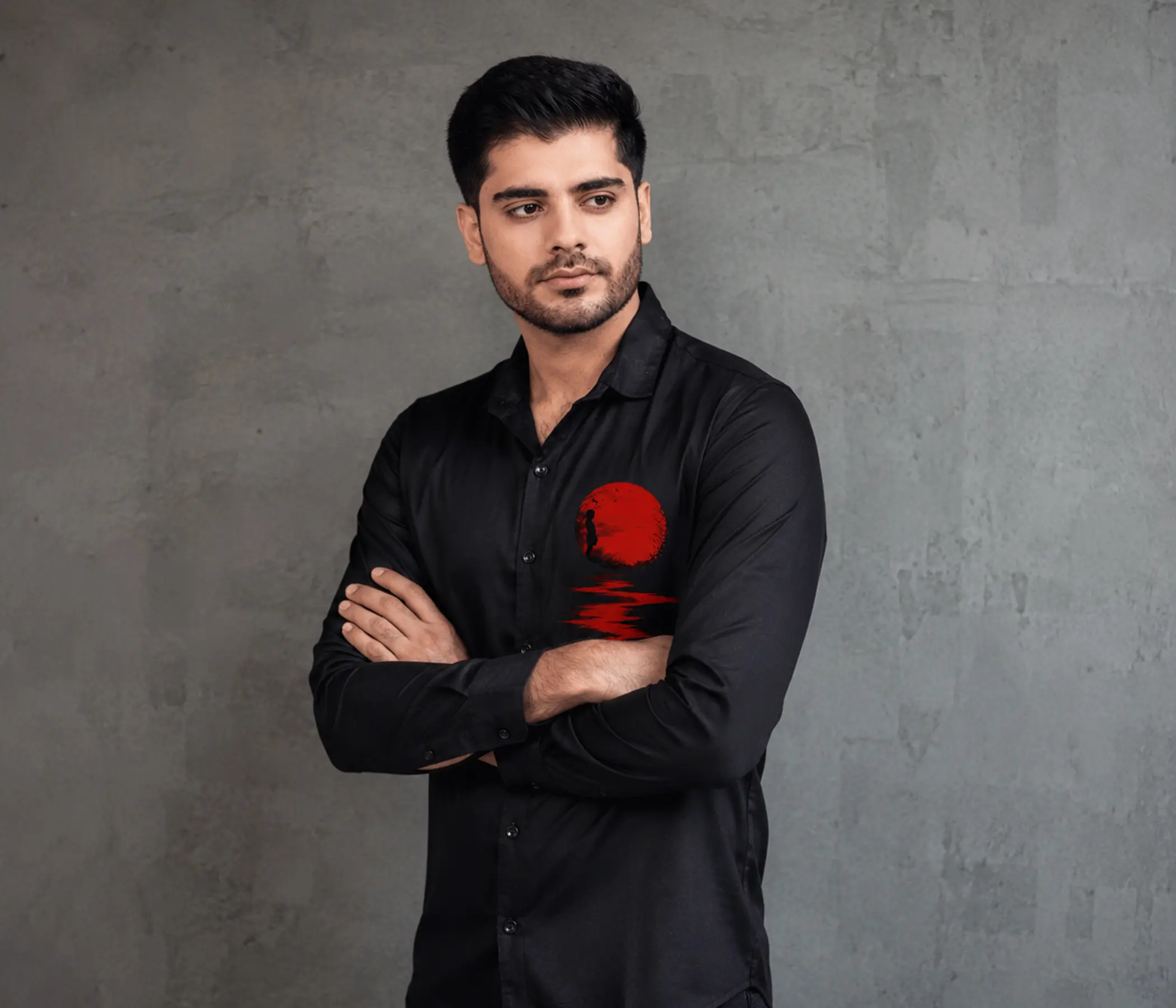 Jet Black Hand-Painted Crimson Sun Shirt for Perfect Mens Collection